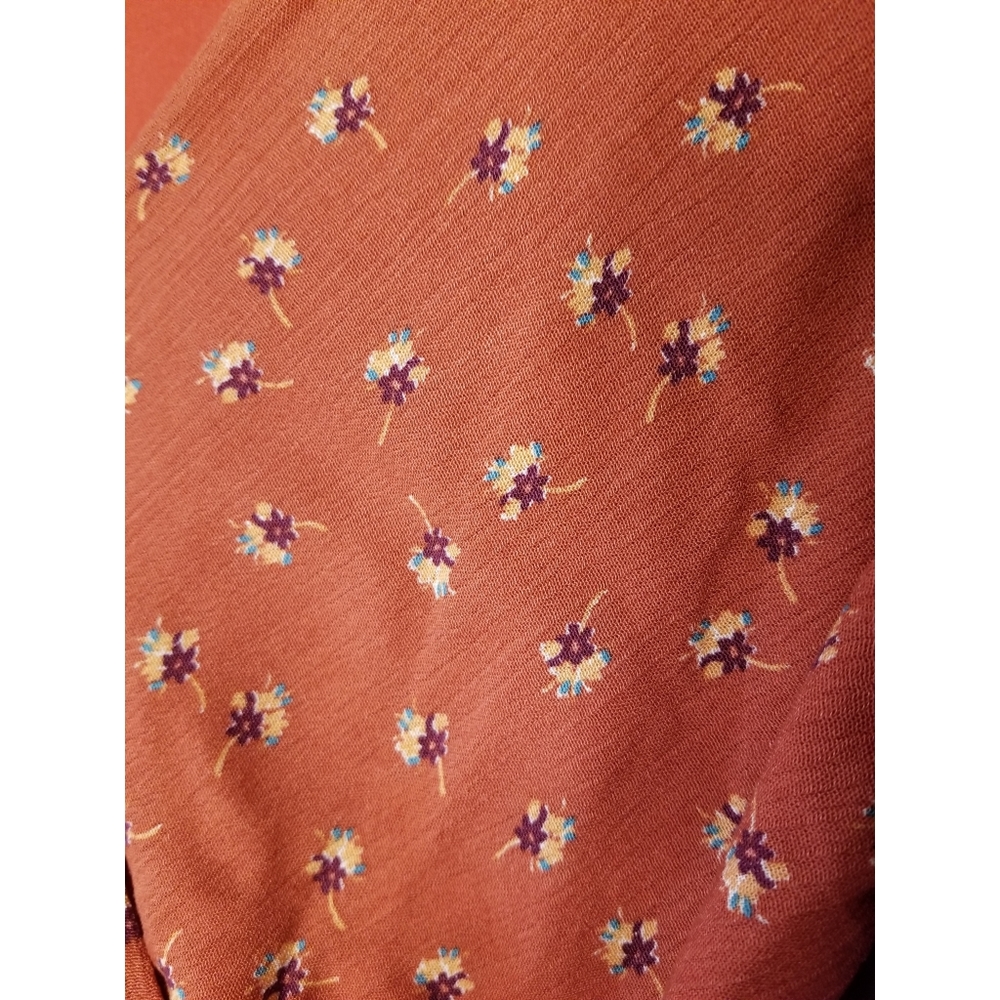 9. Orange ditsy floral v-neck surplice wrap waist smocked long sleeve dress - Picture 7 of 7